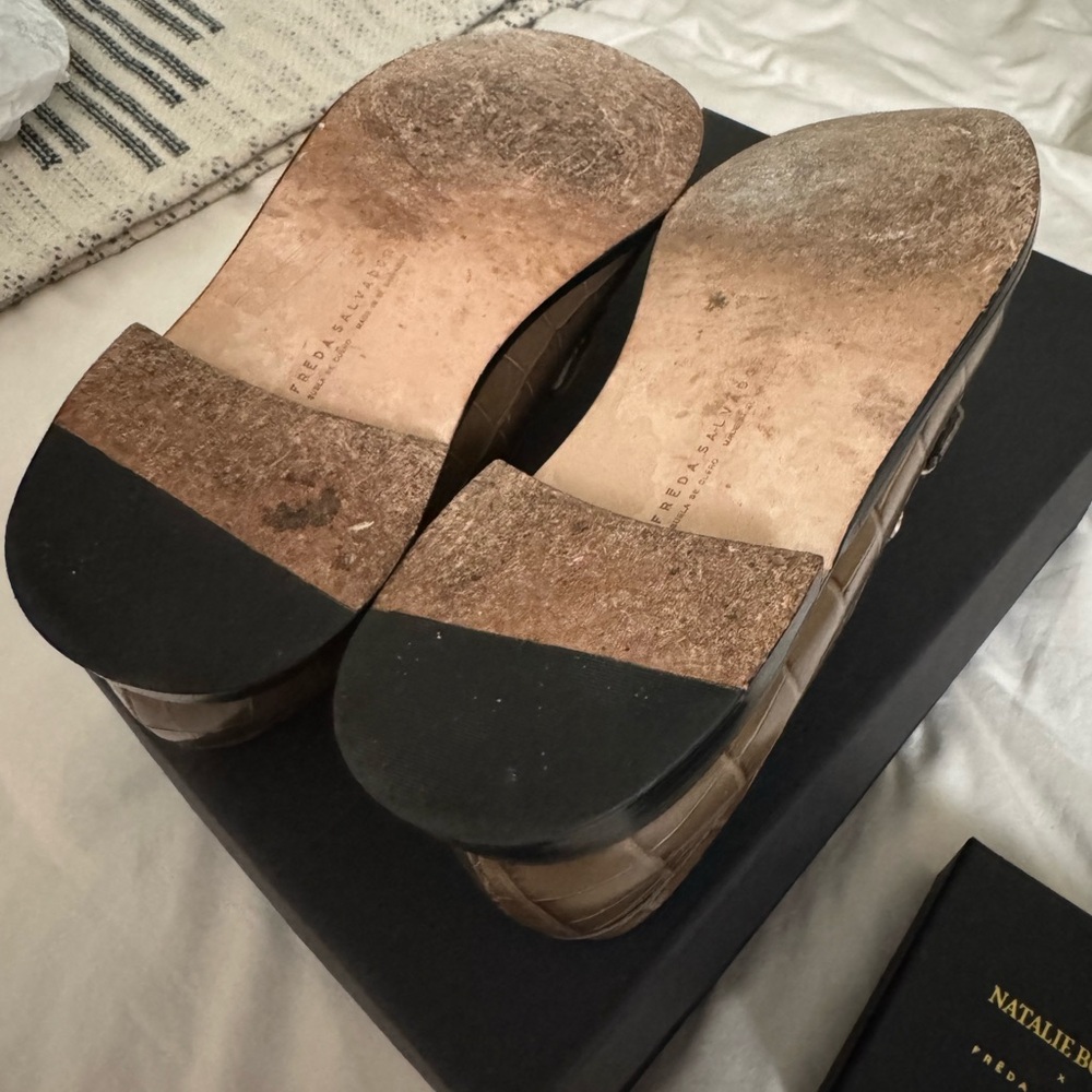 Freda Salvador Metallic Taupe Snakeskin-Embossed Loafers with Gold Accent - Picture 5 of 6